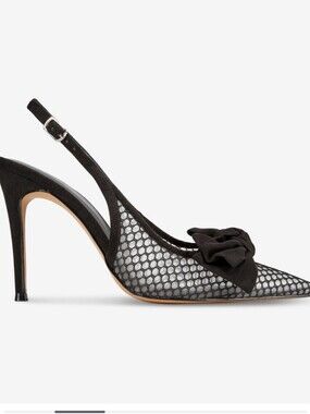 AAJ BY Aminah NEW IN BOX Black Mesh Pointed Slingback Heels with Bow